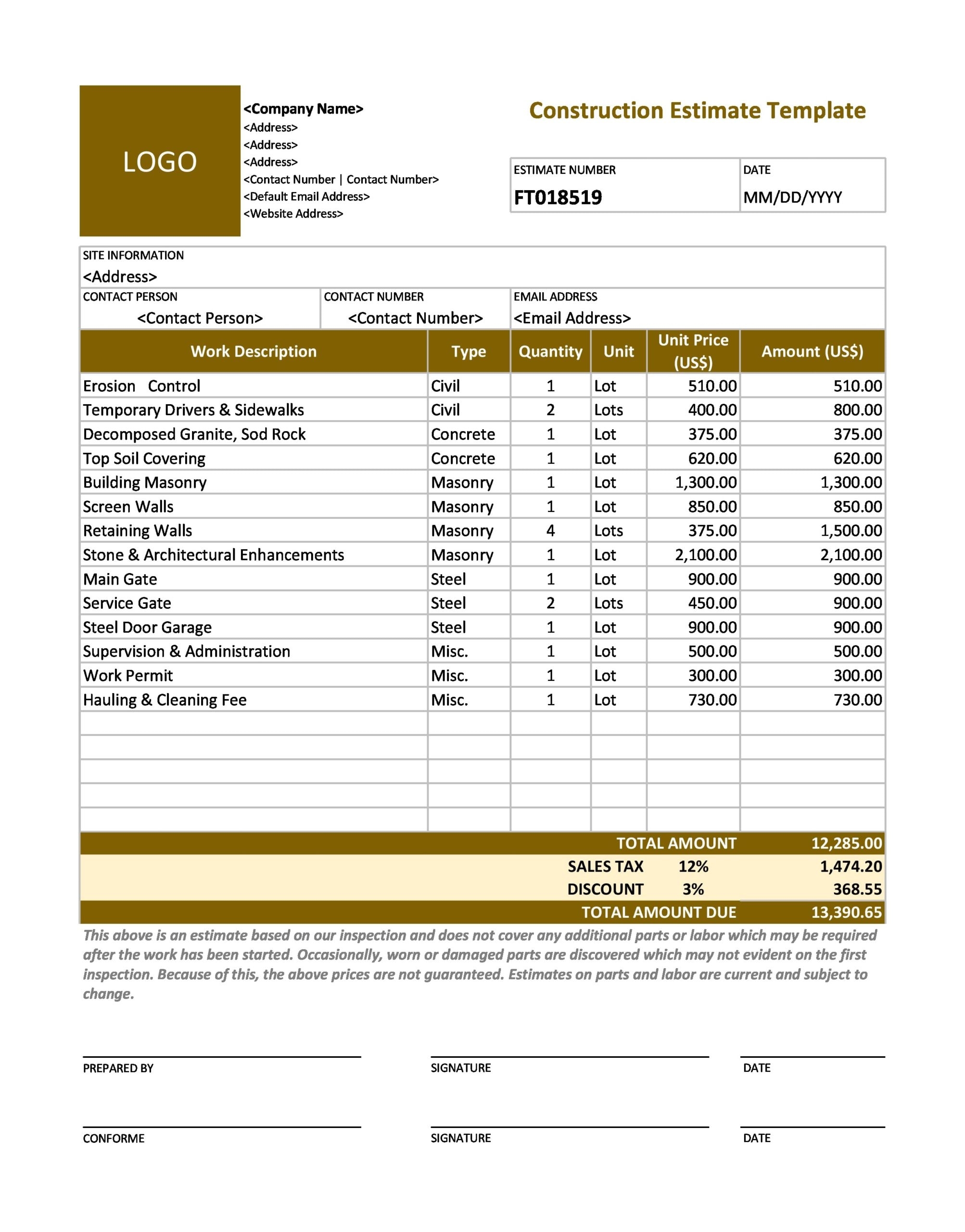 Printable Construction Estimate Template