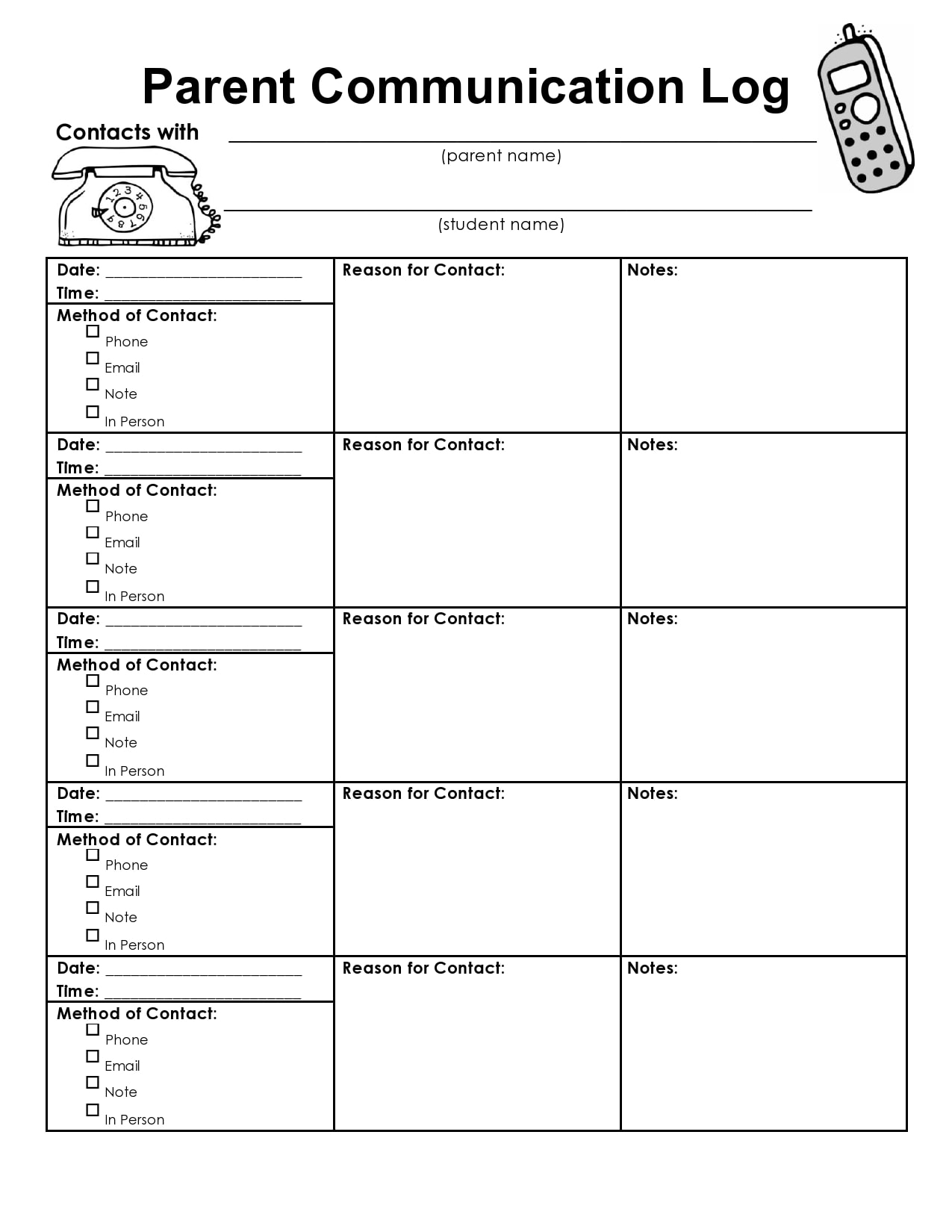 Printable Parent Teacher Communication Log Template