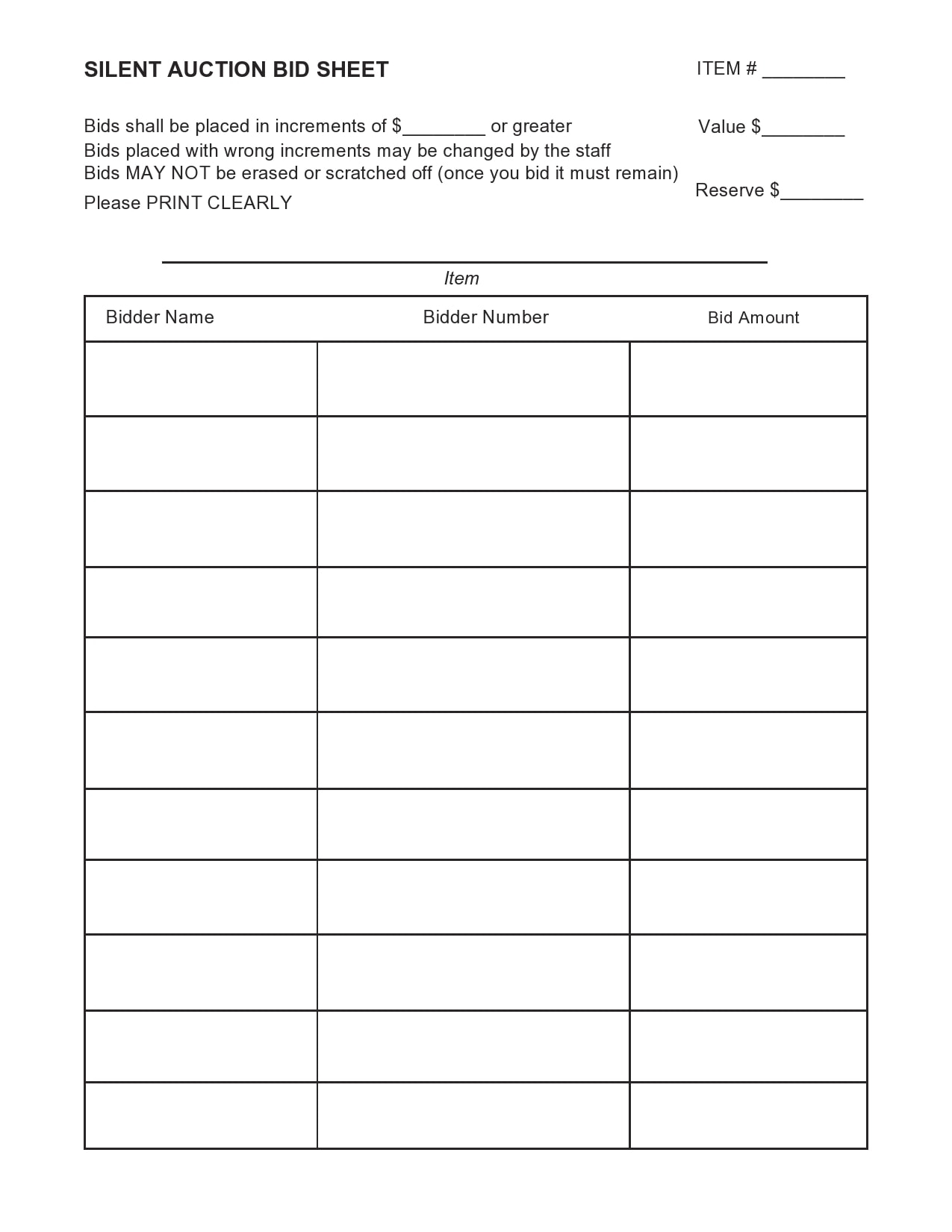 Silent Auction Bid Sheet Template Printable