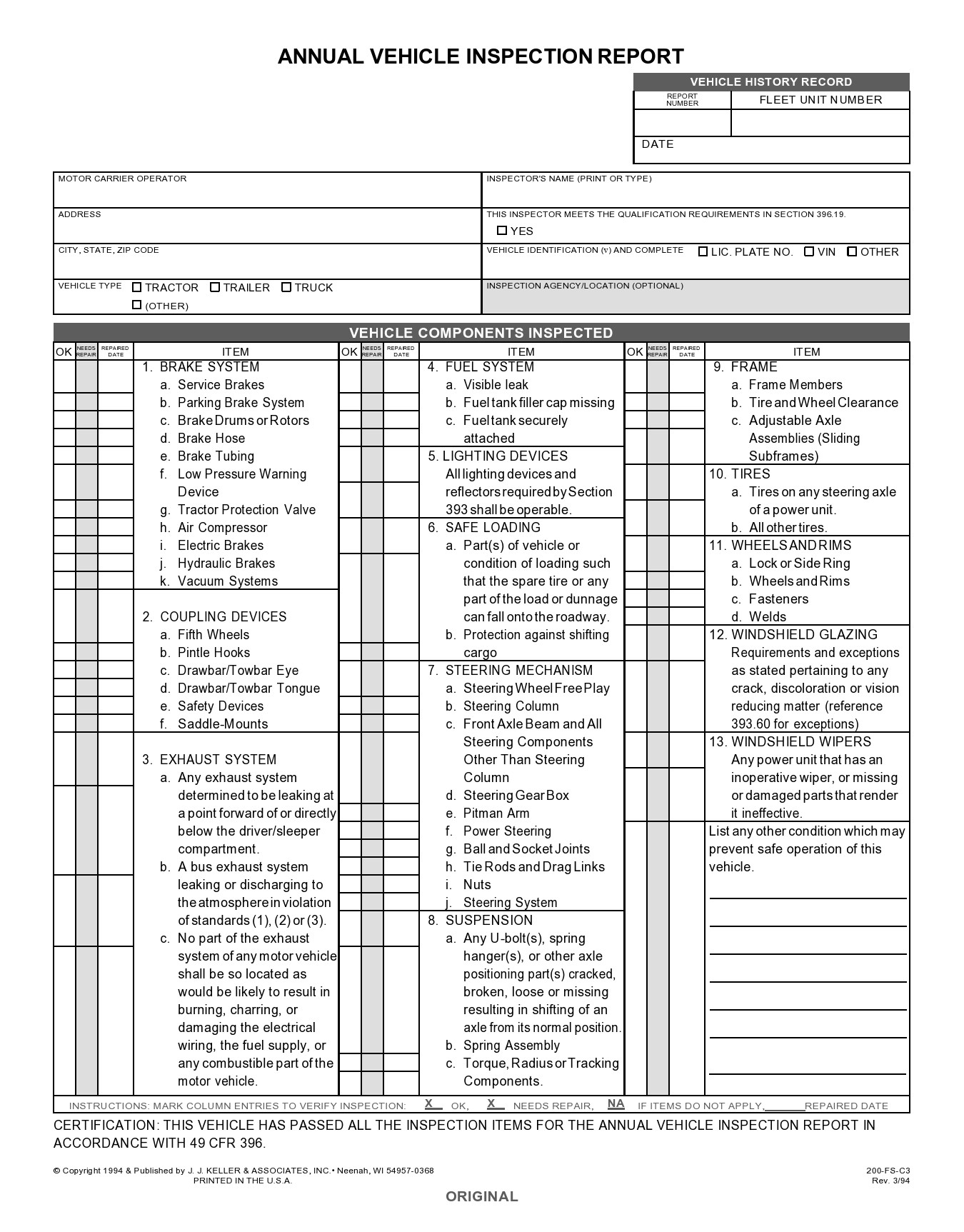 Printable Vehicle Inspection Report Template