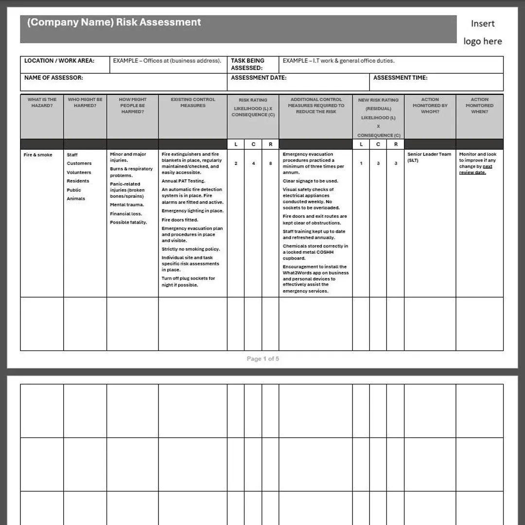 Printable Blank Simple Risk Assessment Template