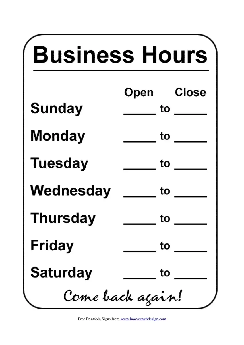 Free Printable Business Hours Sign Template Free Printable Business Hours Sign Template