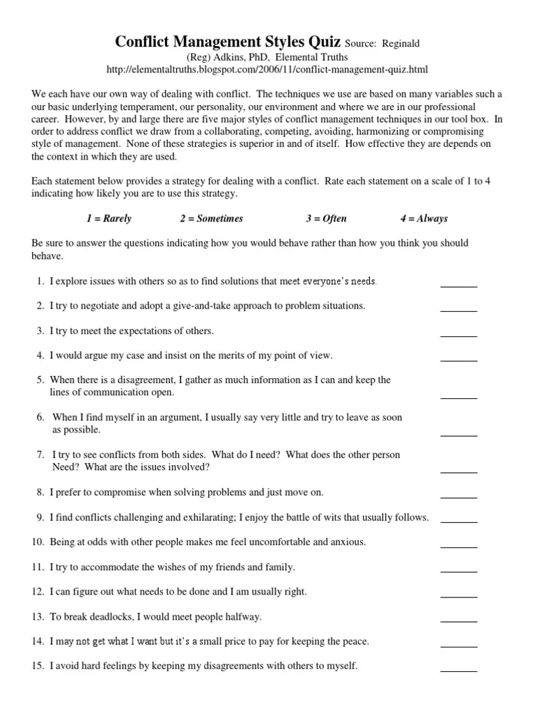 Conflict Management Styles Quiz PDF Cognition Cognitive Science
