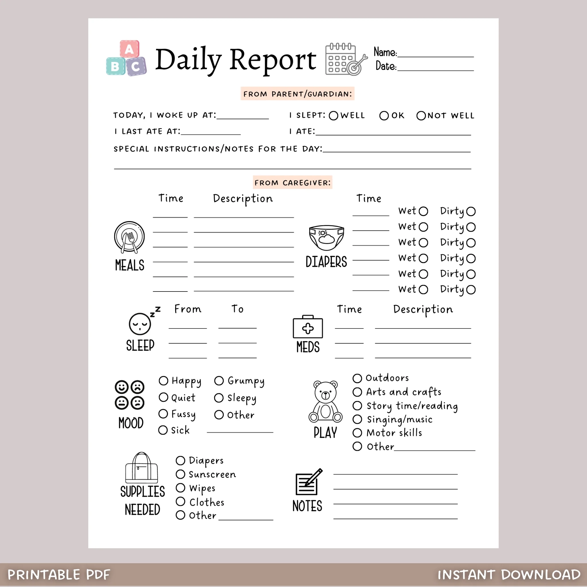 Daily Toddler Log Printable Infant Baby Schedule For Preschool 
