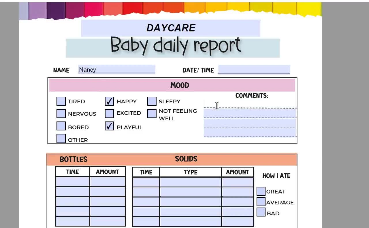 Printable Infant Daily Report Template