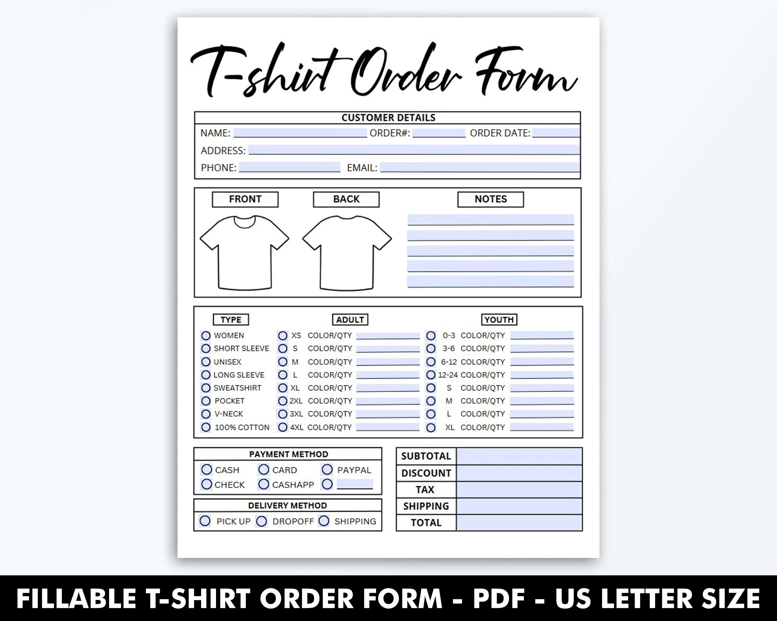 Fillable T shirt Order Form Template Editable Shirt Order Form