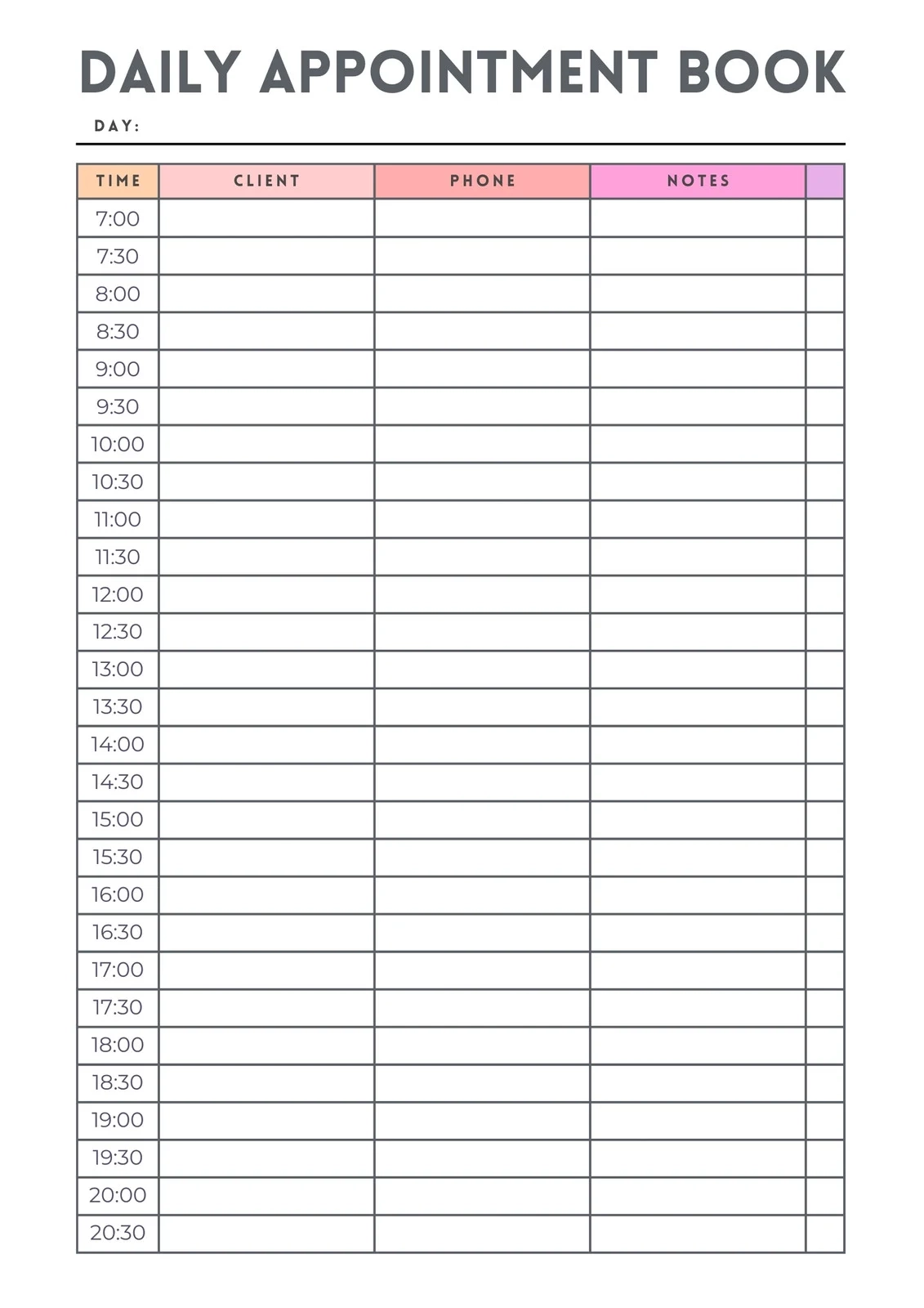 Appointment Schedule Template Printable