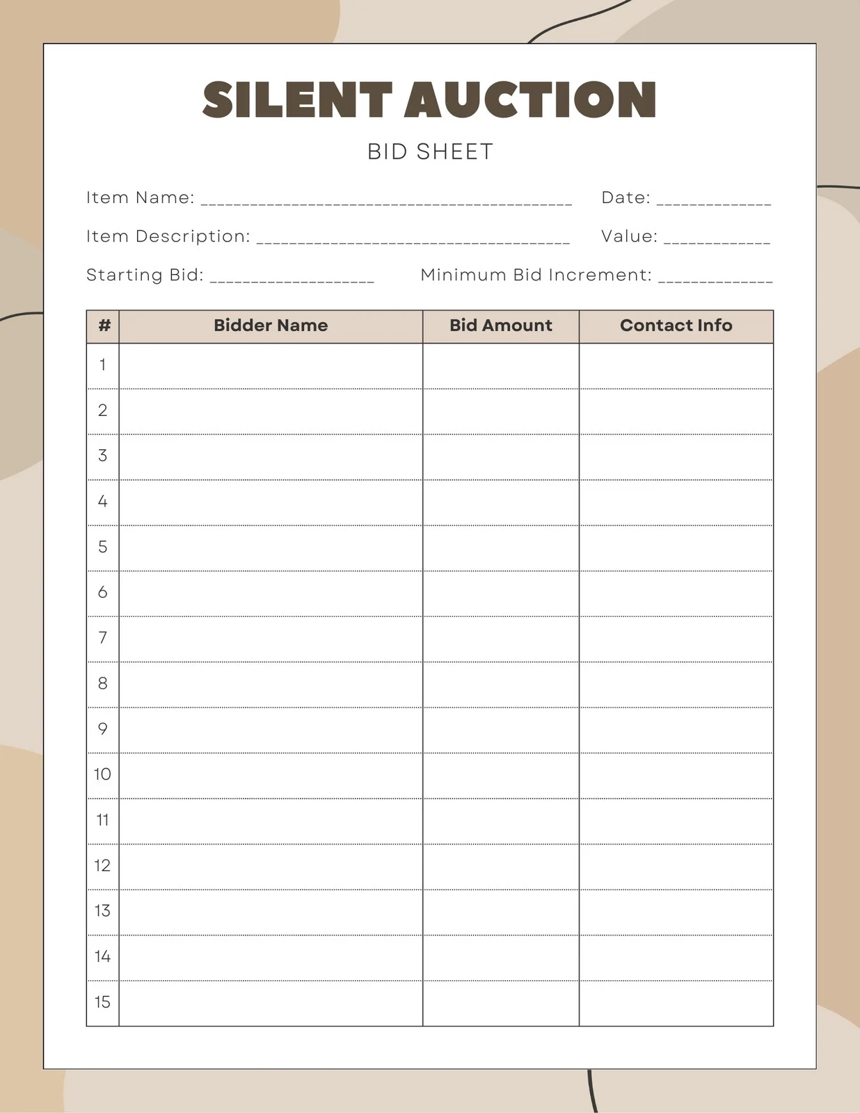 Silent Auction Bid Sheet Template Printable