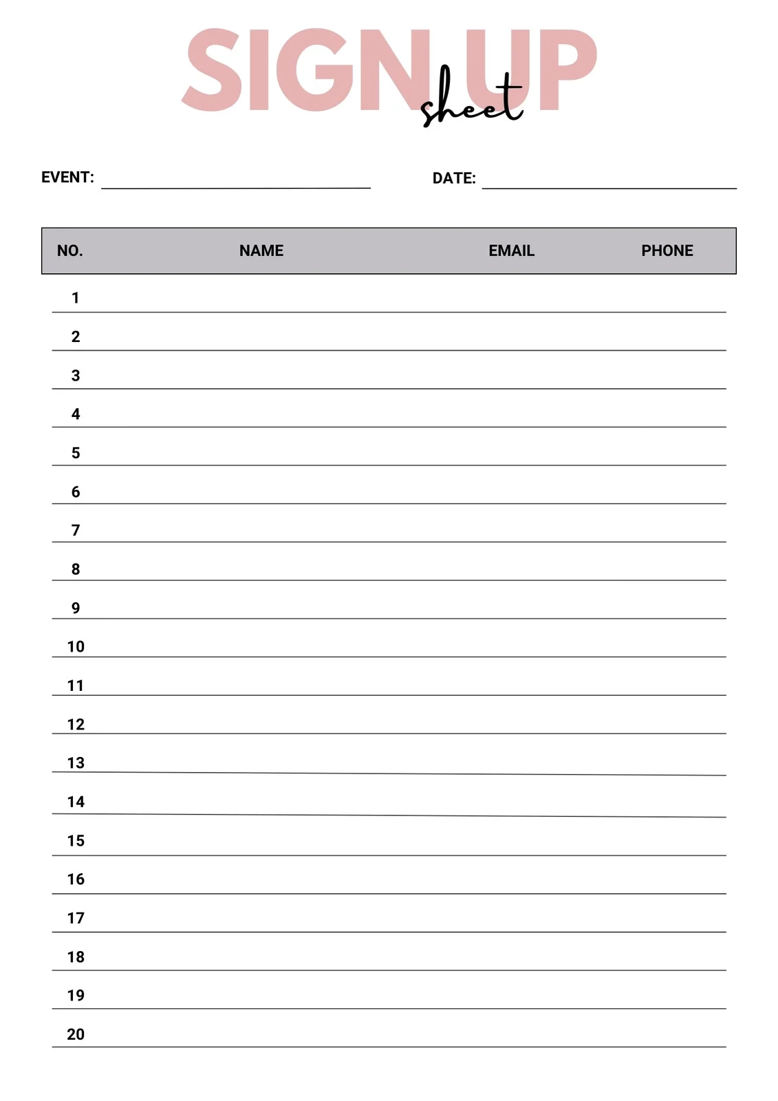 Sign Up Sheet Template Printable