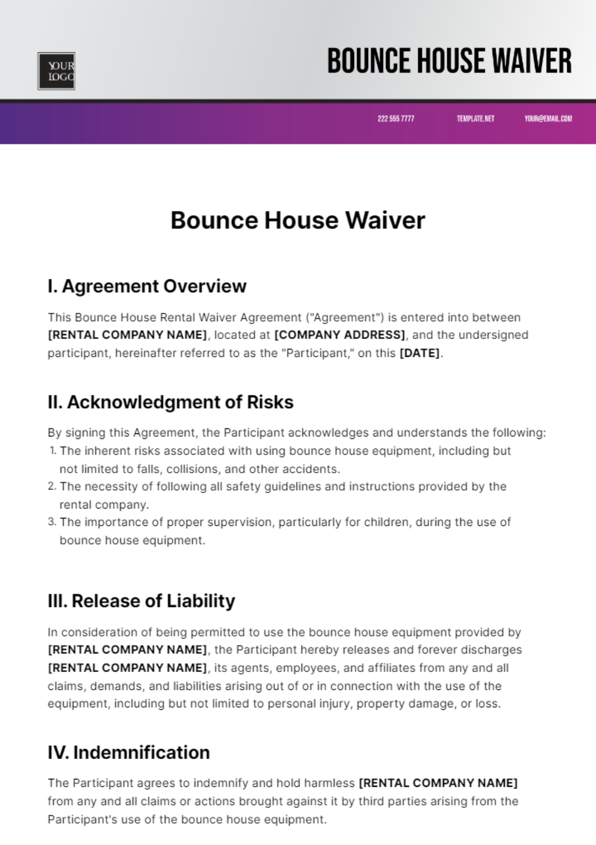 Free Printable Simple Bounce House Waiver Template