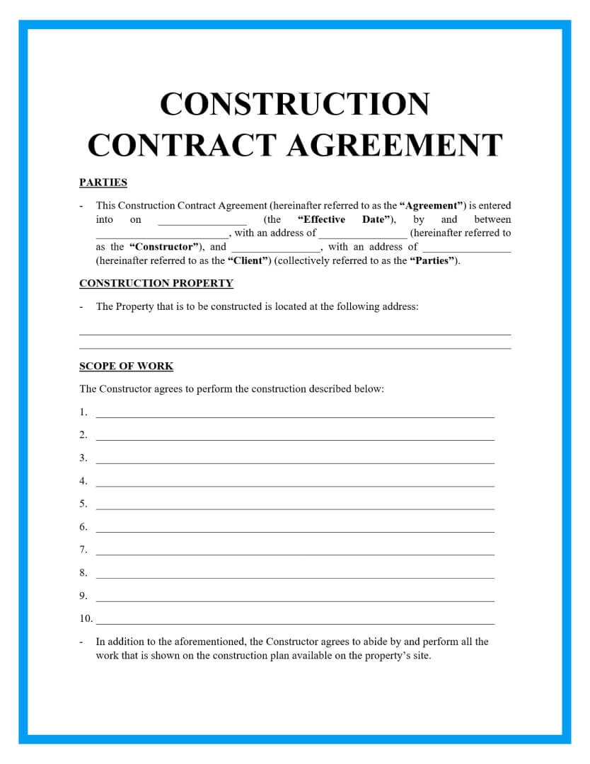 Printable Simple Construction Contract Template