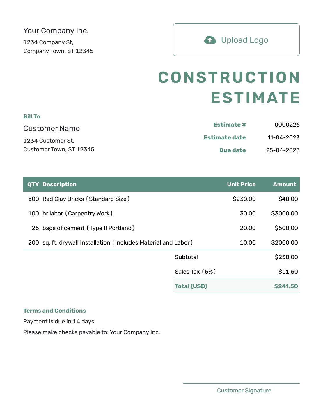 Printable Construction Estimate Template Printable Construction Estimate Template