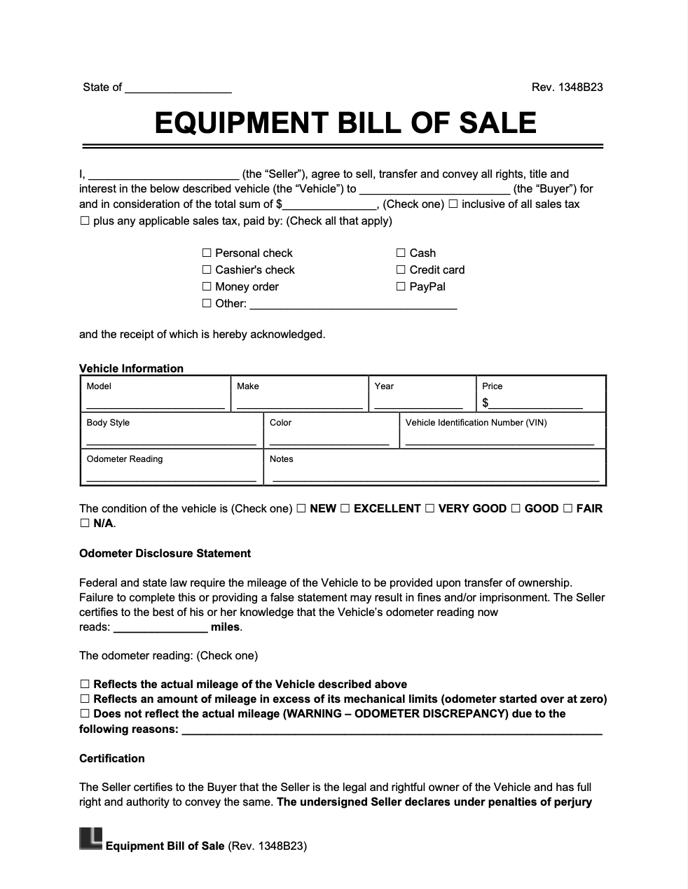 Printable Equipment Bill Of Sale Template