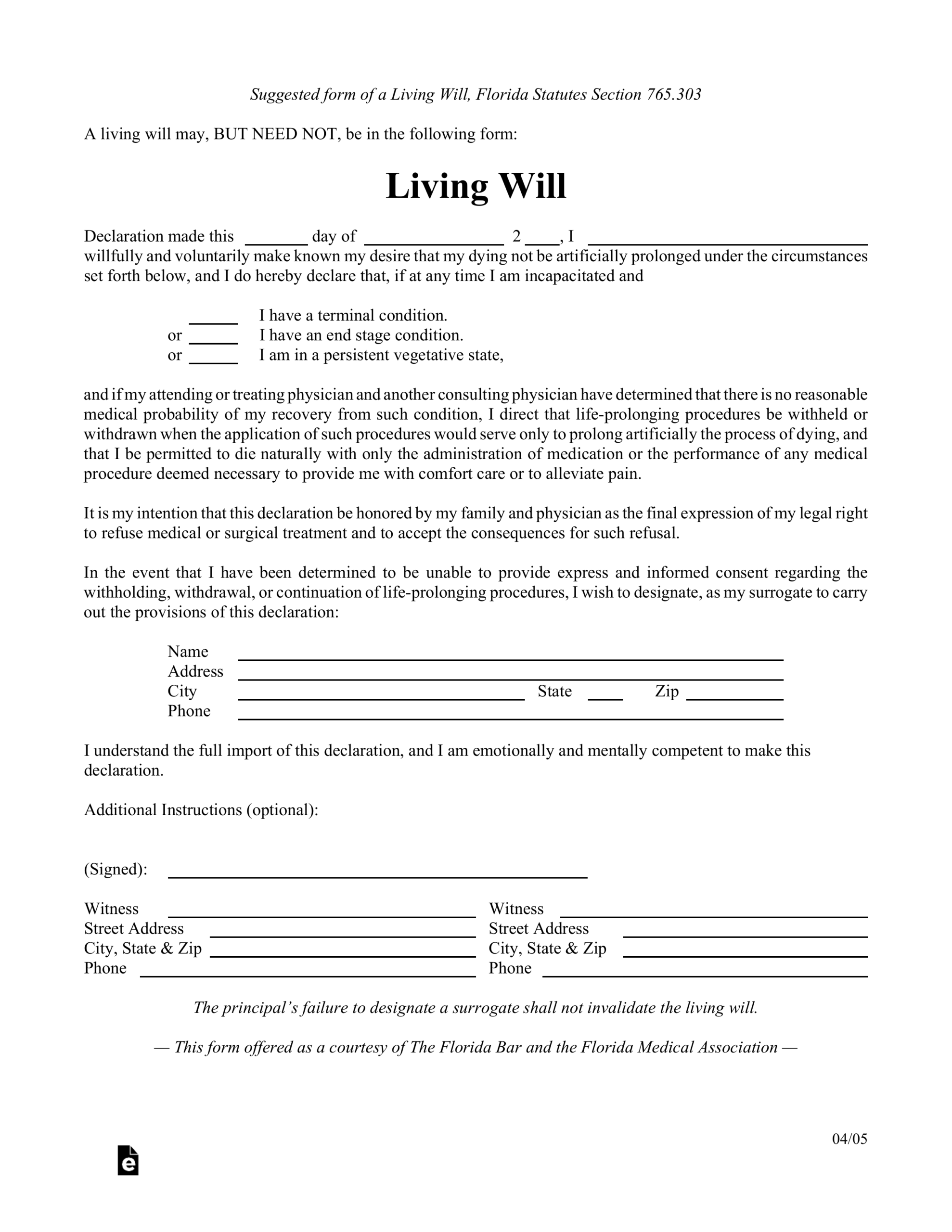 Printable Living Will Template