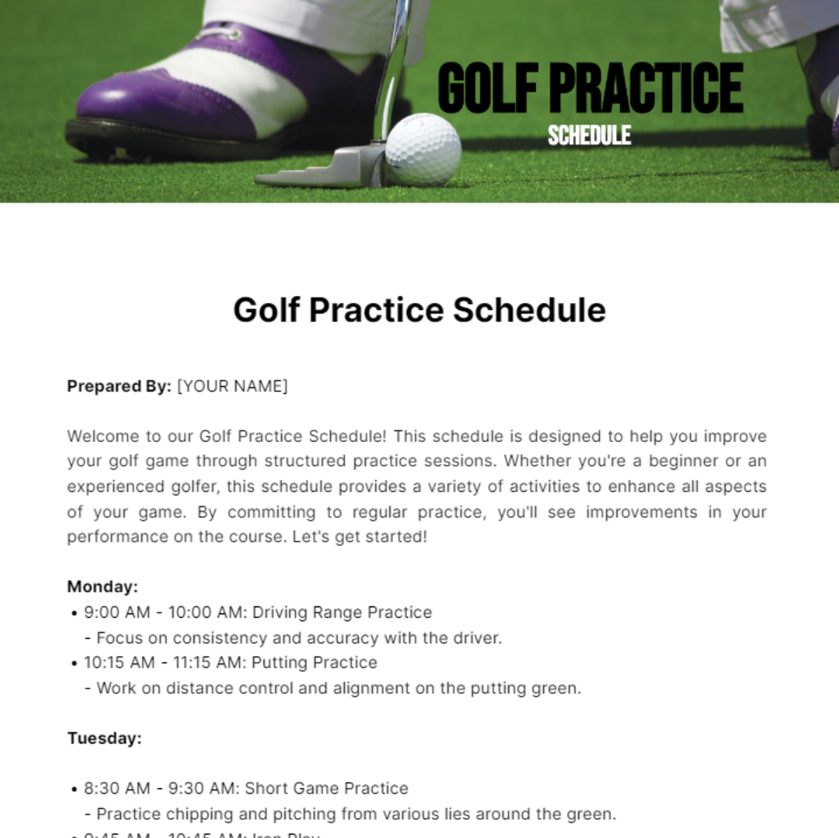 Free Golf Practice Schedule Template To Edit Online