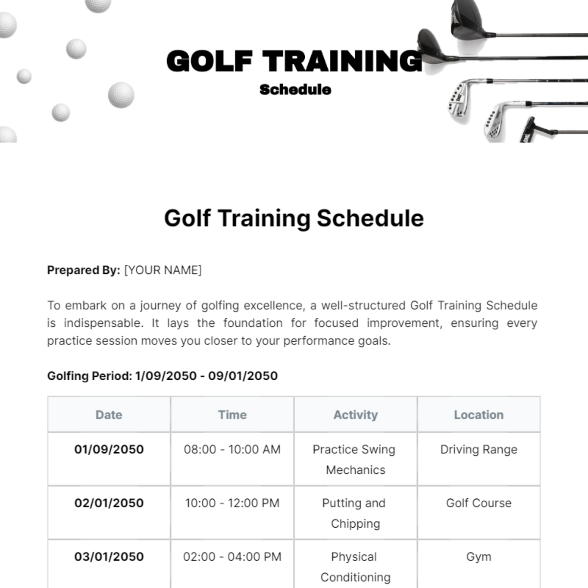 Printable Golf Practice Schedule Template