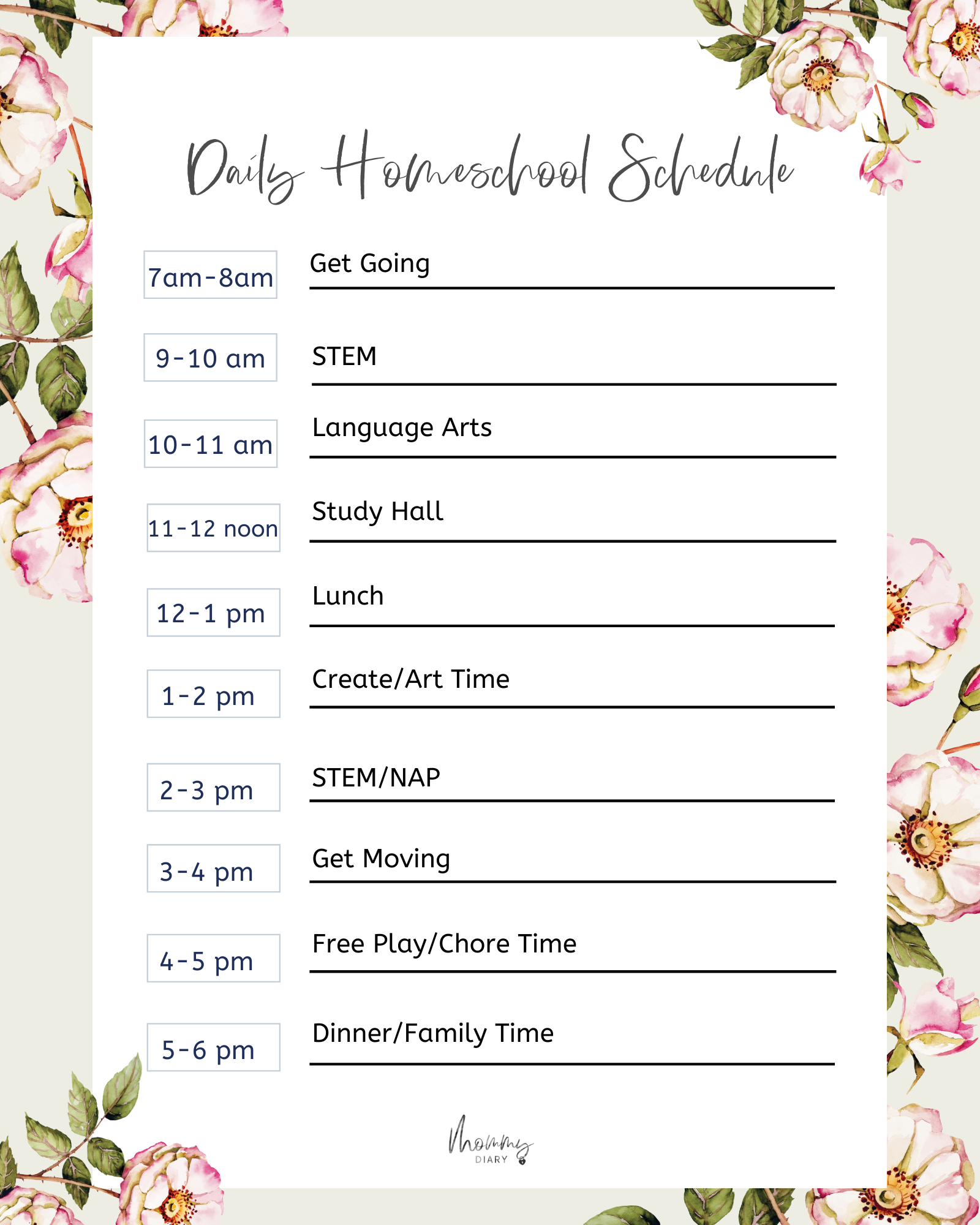 Printable Homeschool Daily Schedule Template