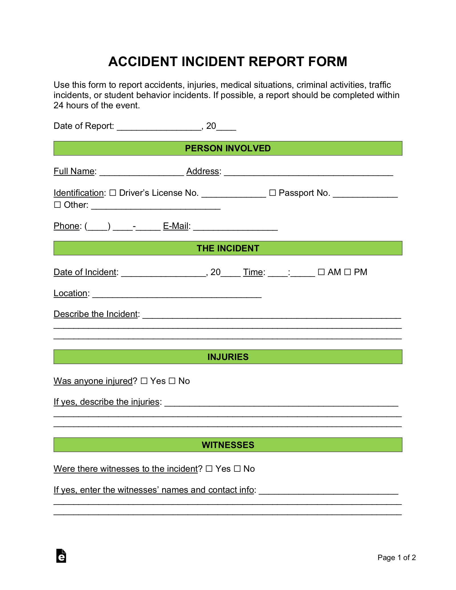 Free Printable Incident Report Template