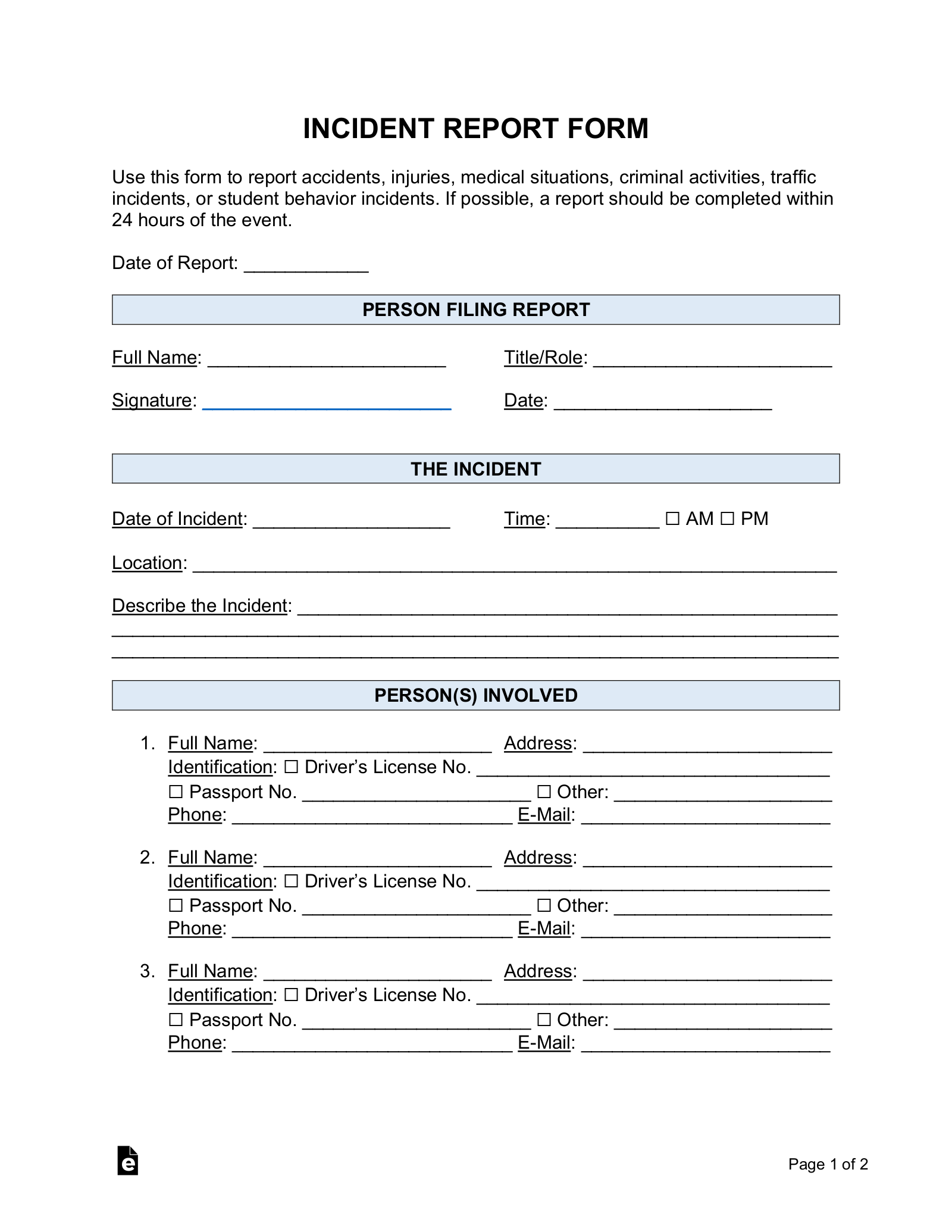 Printable Downloadable Incident Report Template