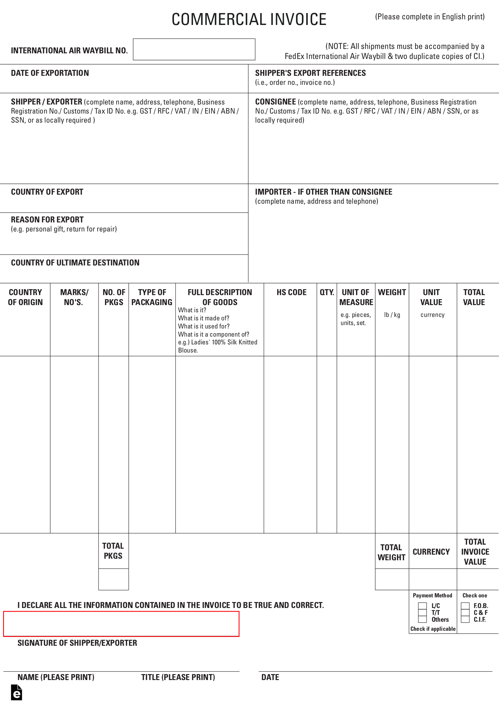 Printable Commercial Invoice Template