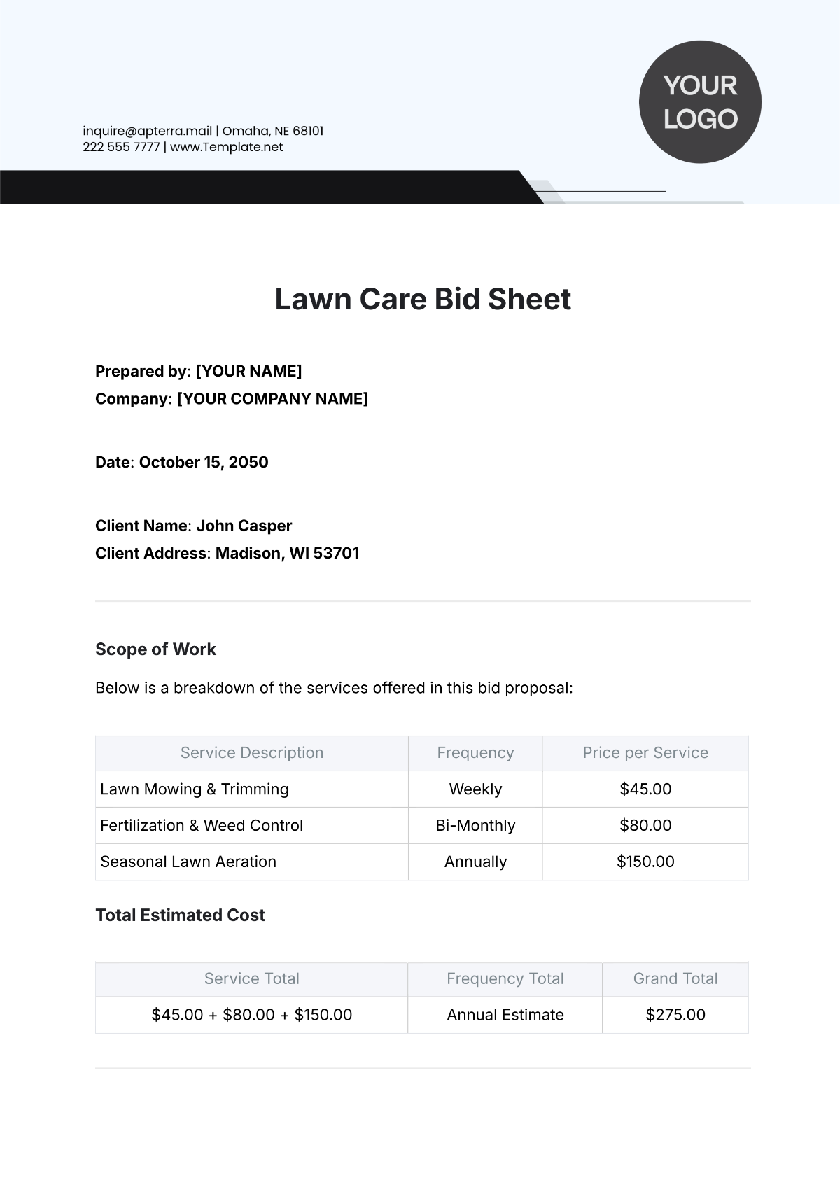 Printable Lawn Care Bid Sheet Template