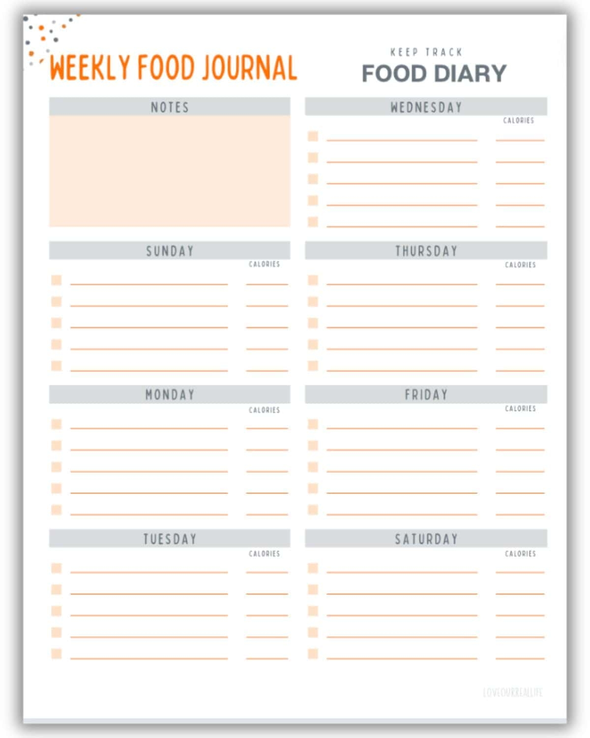 FREE Printable Food Journal Diary PDF Template Tracker Love 