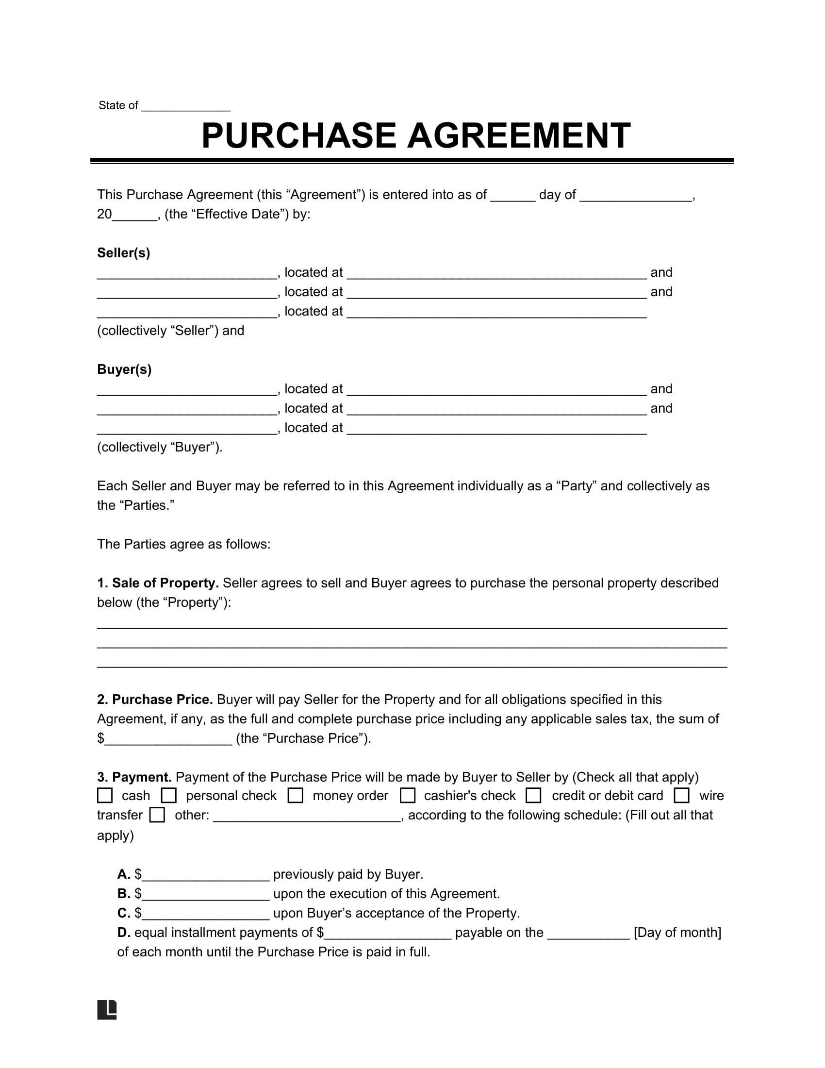 Printable Simple Purchase Agreement Template