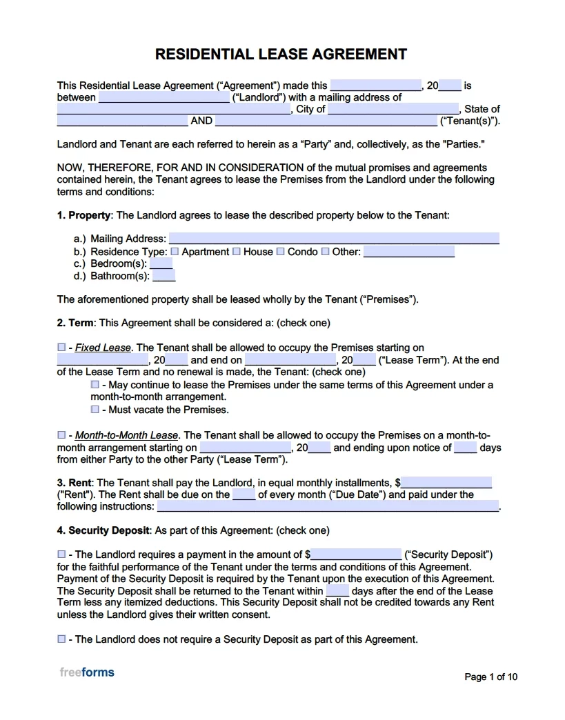 Free Rental Lease Agreement Templates PDF Word