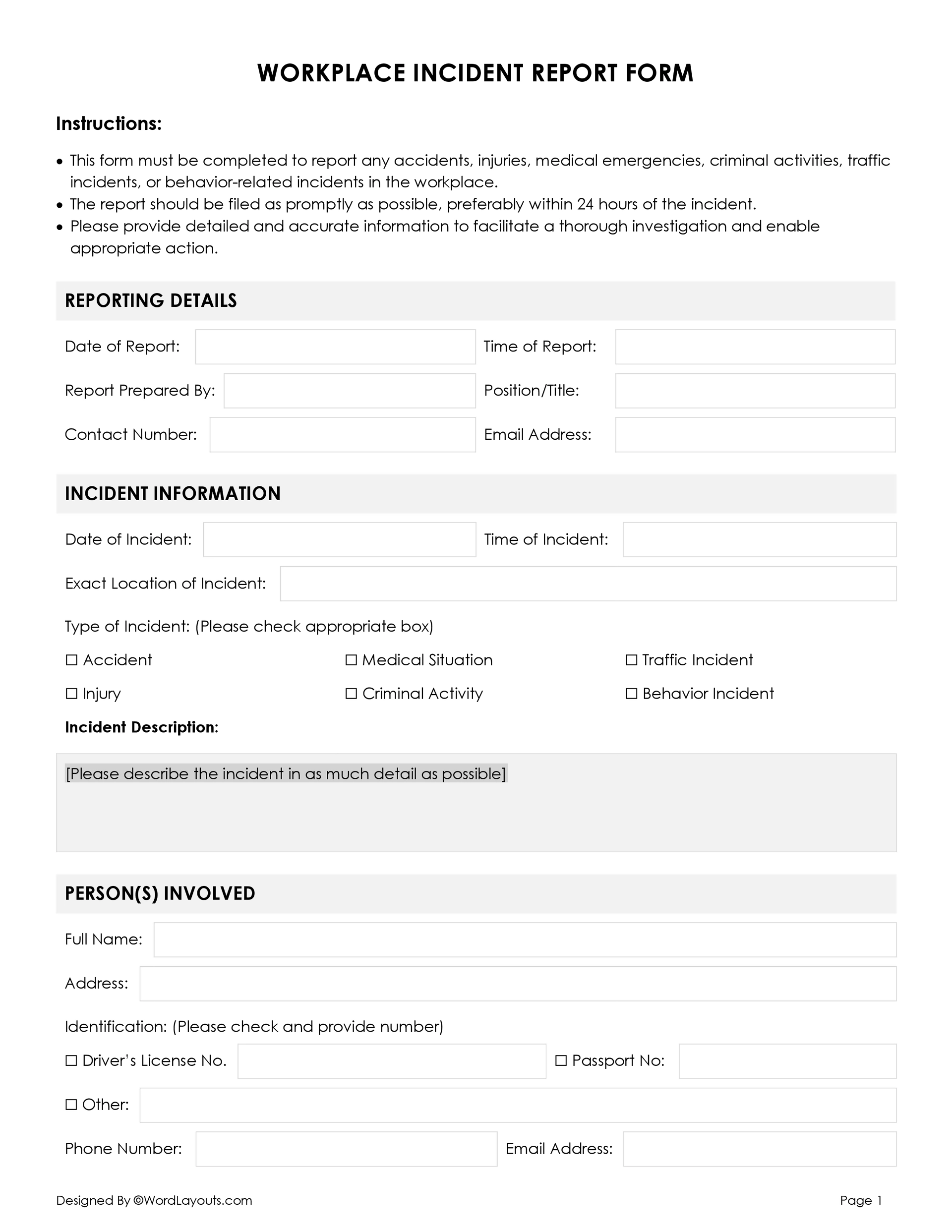 Free Workplace Incident Report Template Word GDoc WordLayouts Free Workplace Incident Report Template Word GDoc WordLayouts
