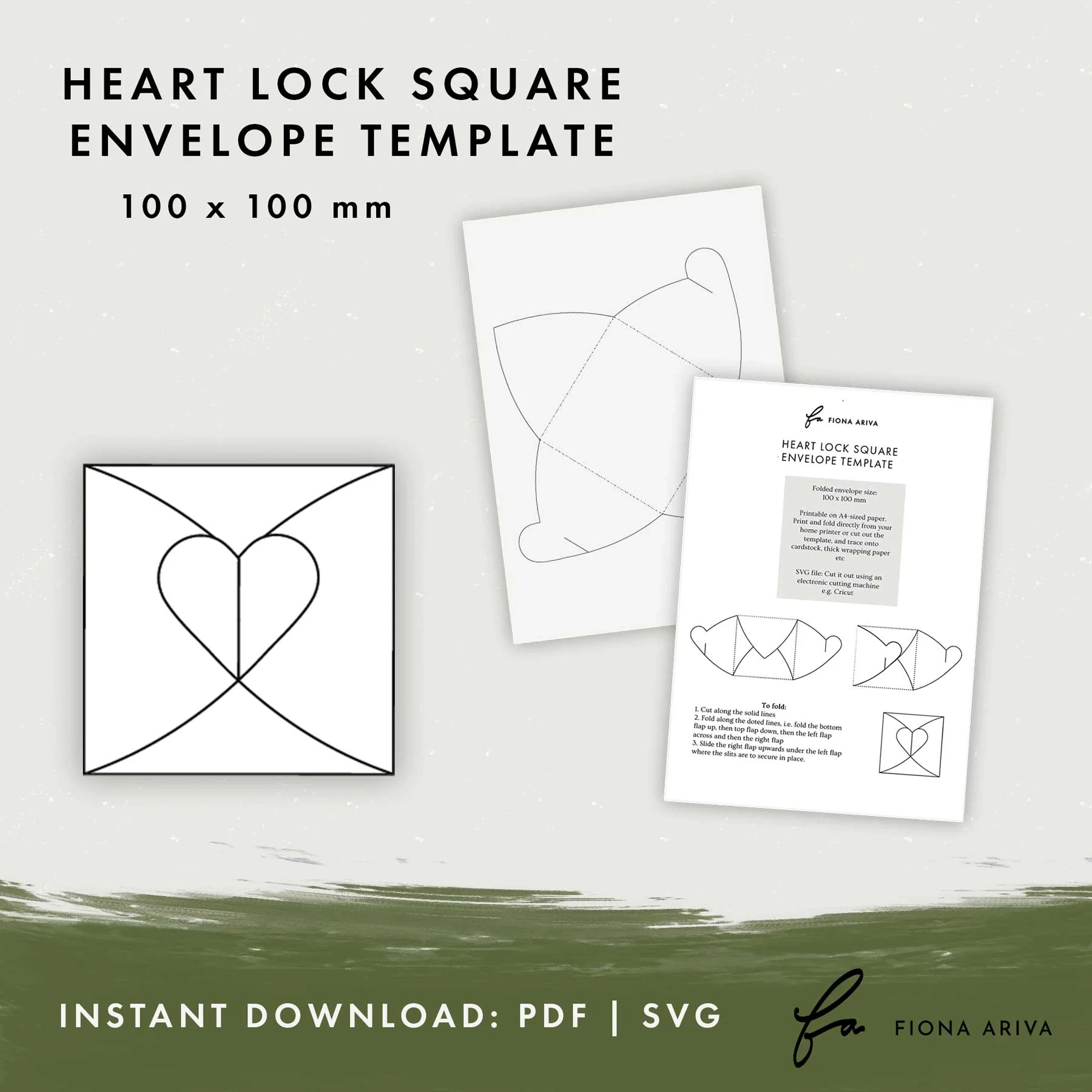 Heart Lock Square Envelope Template 100 X 100mm Instant Download PD