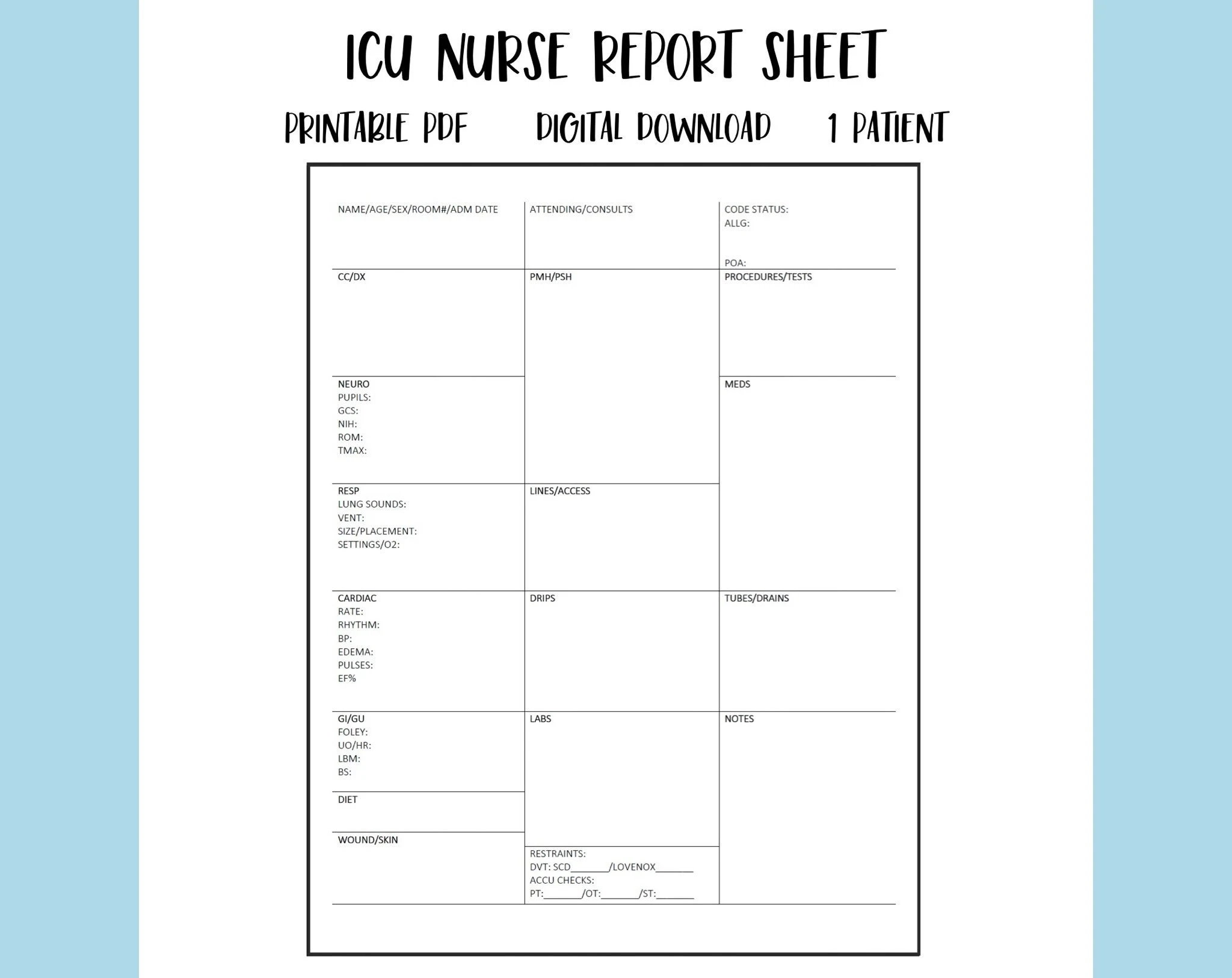 Printable Icu Report Sheet Template