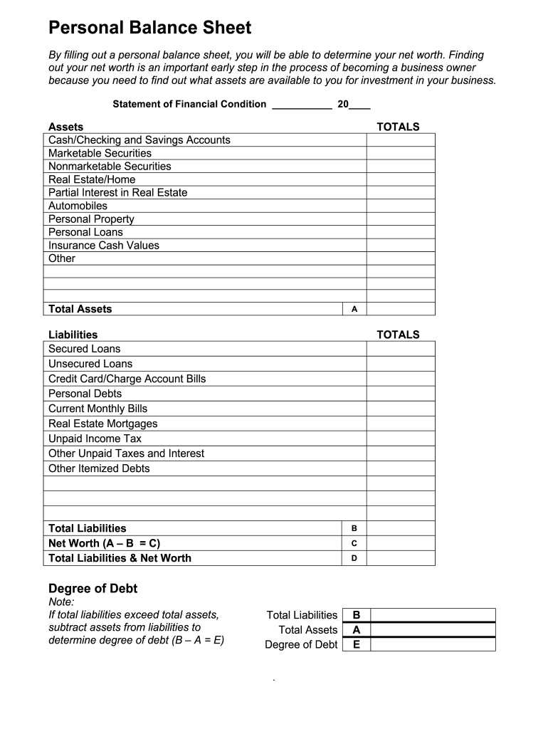 Printable Personal Balance Sheet Template