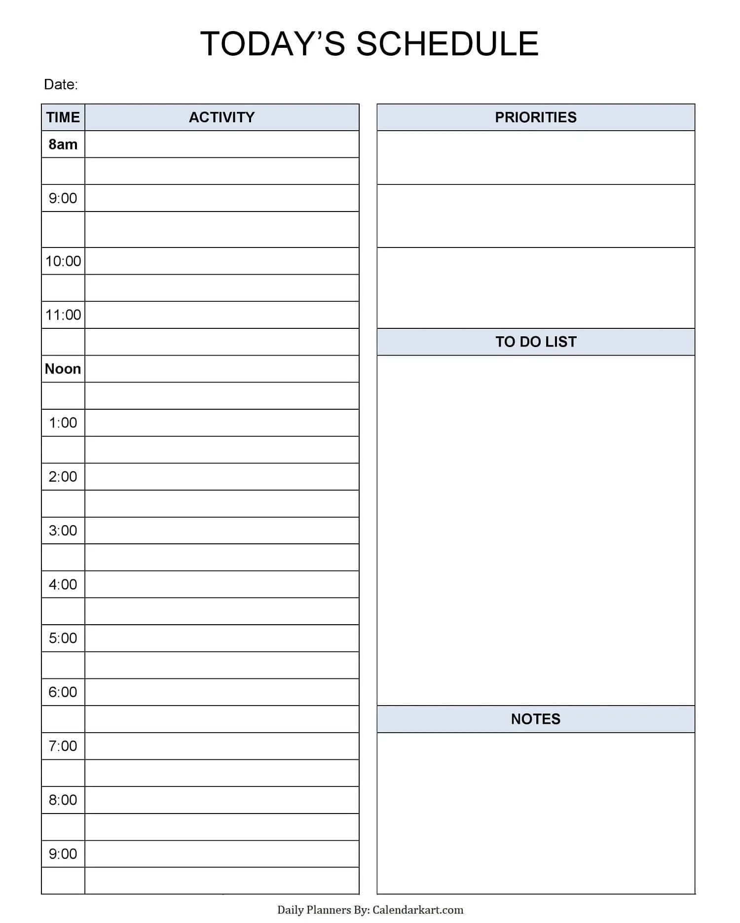 Daily Calendar Template Printable