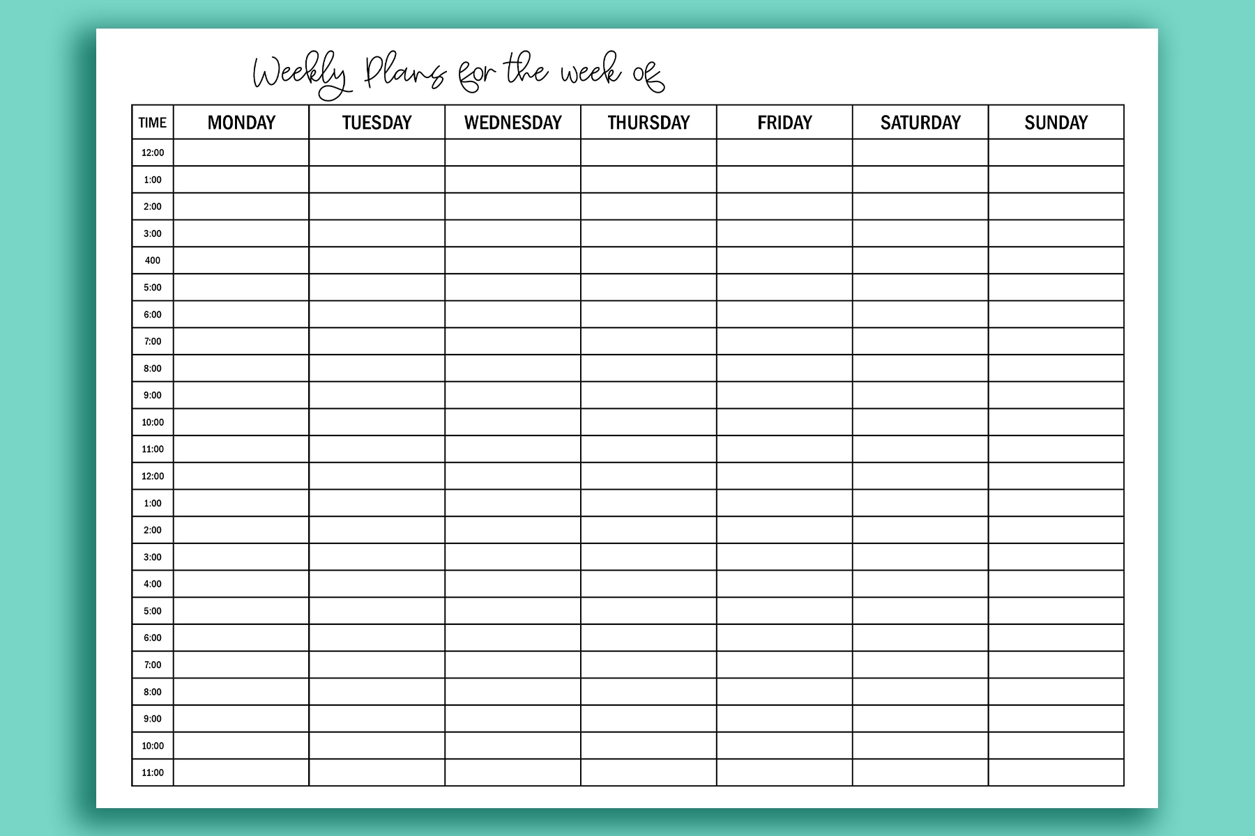 Printable Weekly Hourly Schedule Template