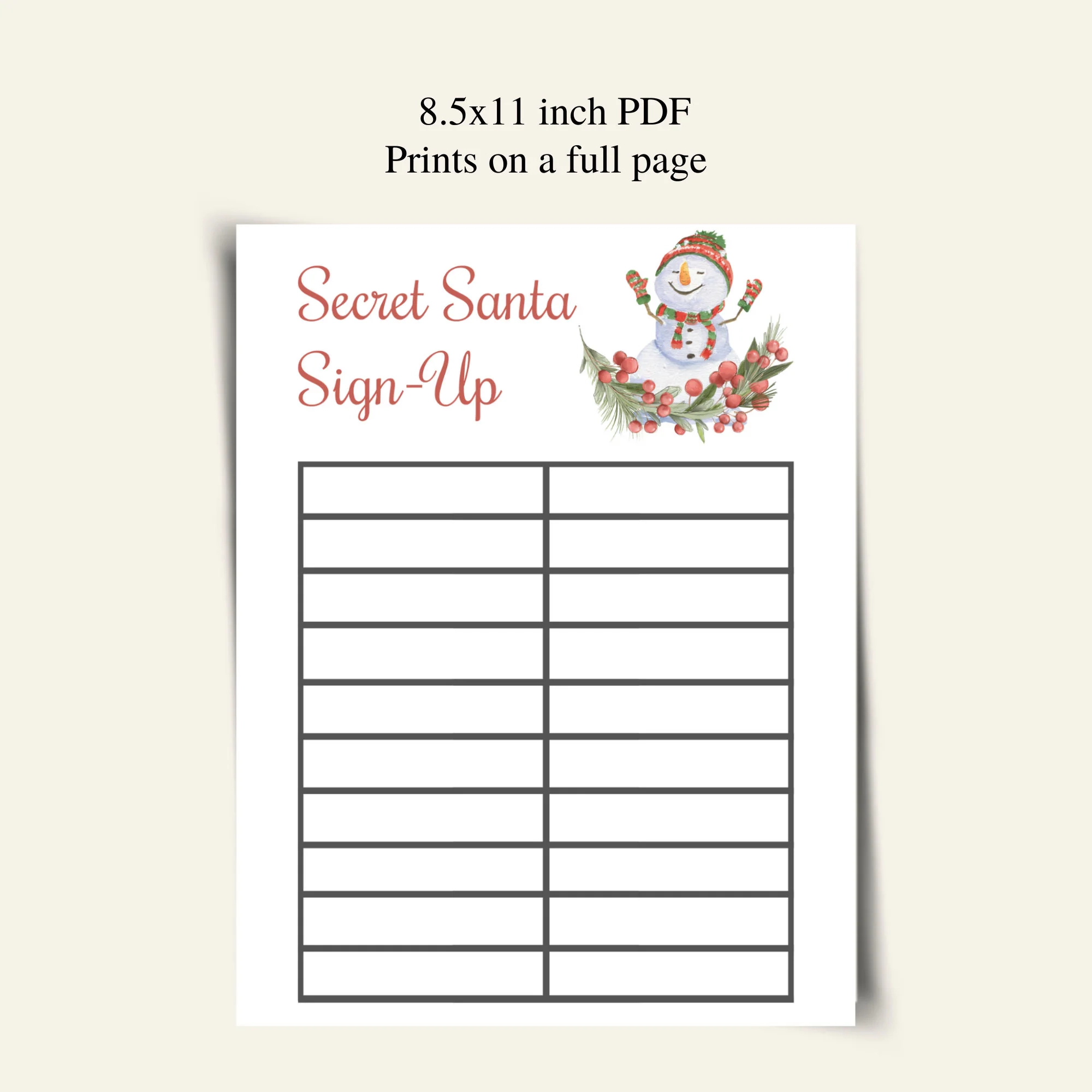 Printable Secret Santa Sign Up Template