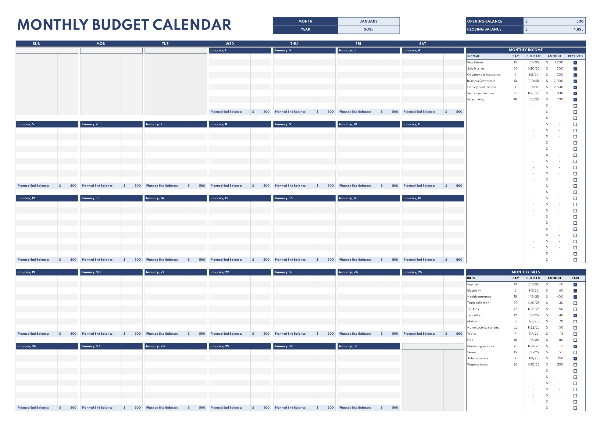 free printable monthly budget calendar
