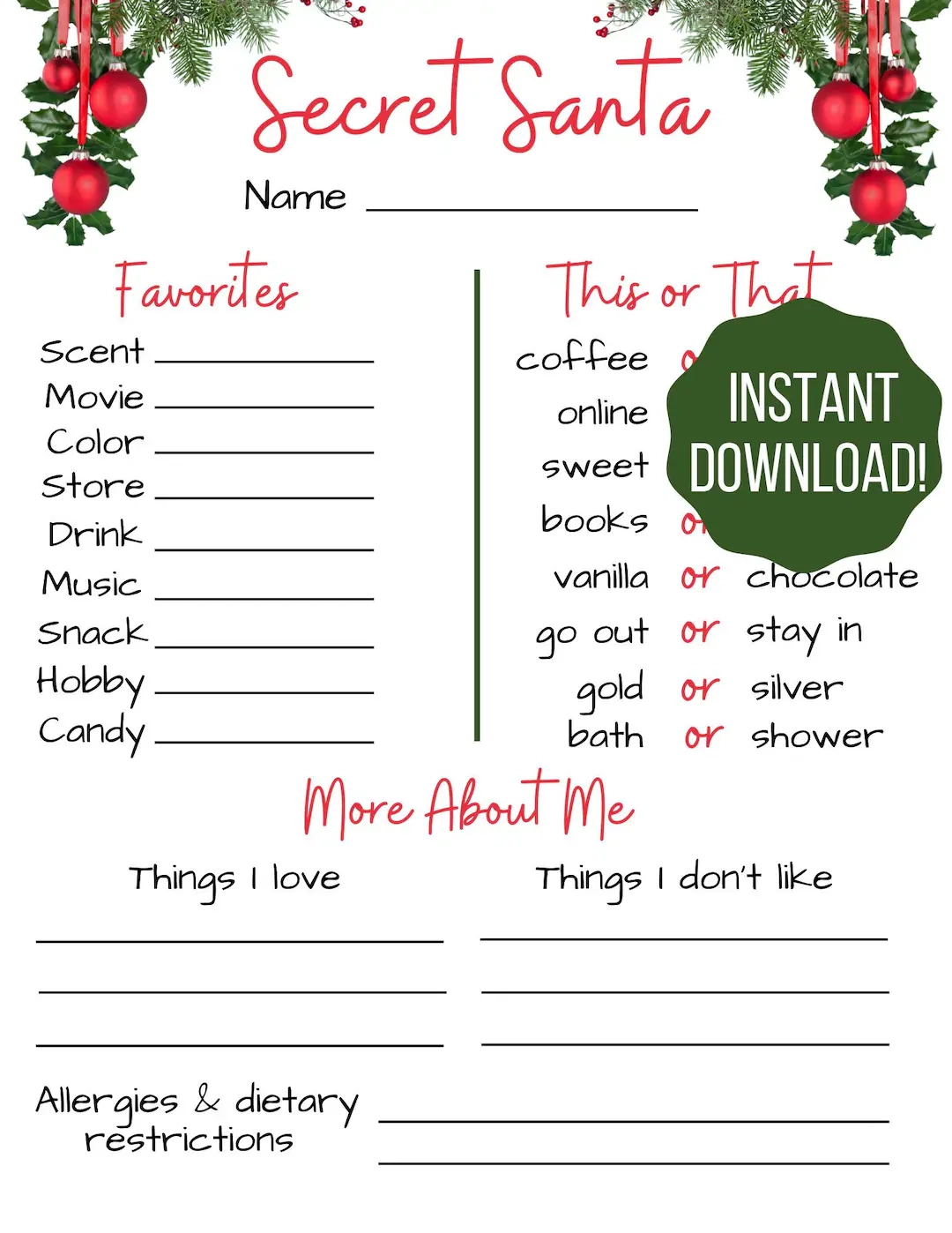 Secret Santa Template Printable
