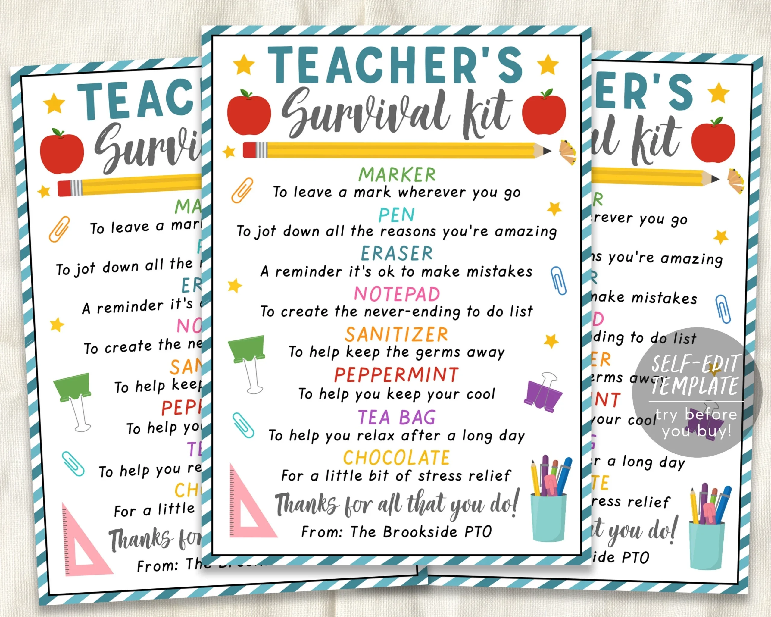 Teacher Survival Kit Editable Template Teacher Appreciation Week Thank You Gift Tags Back To School End Of Year Gift PTA PTO Printable