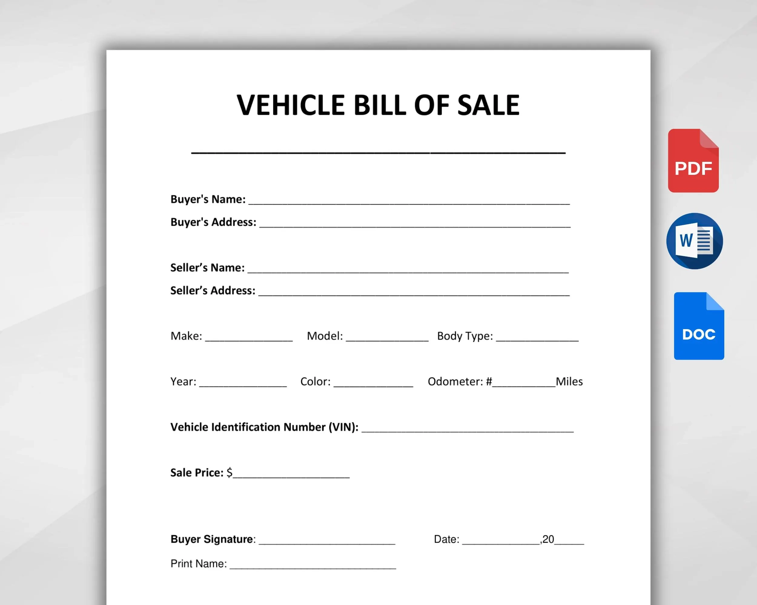 Vehicle Bill Of Sale Printable Template
