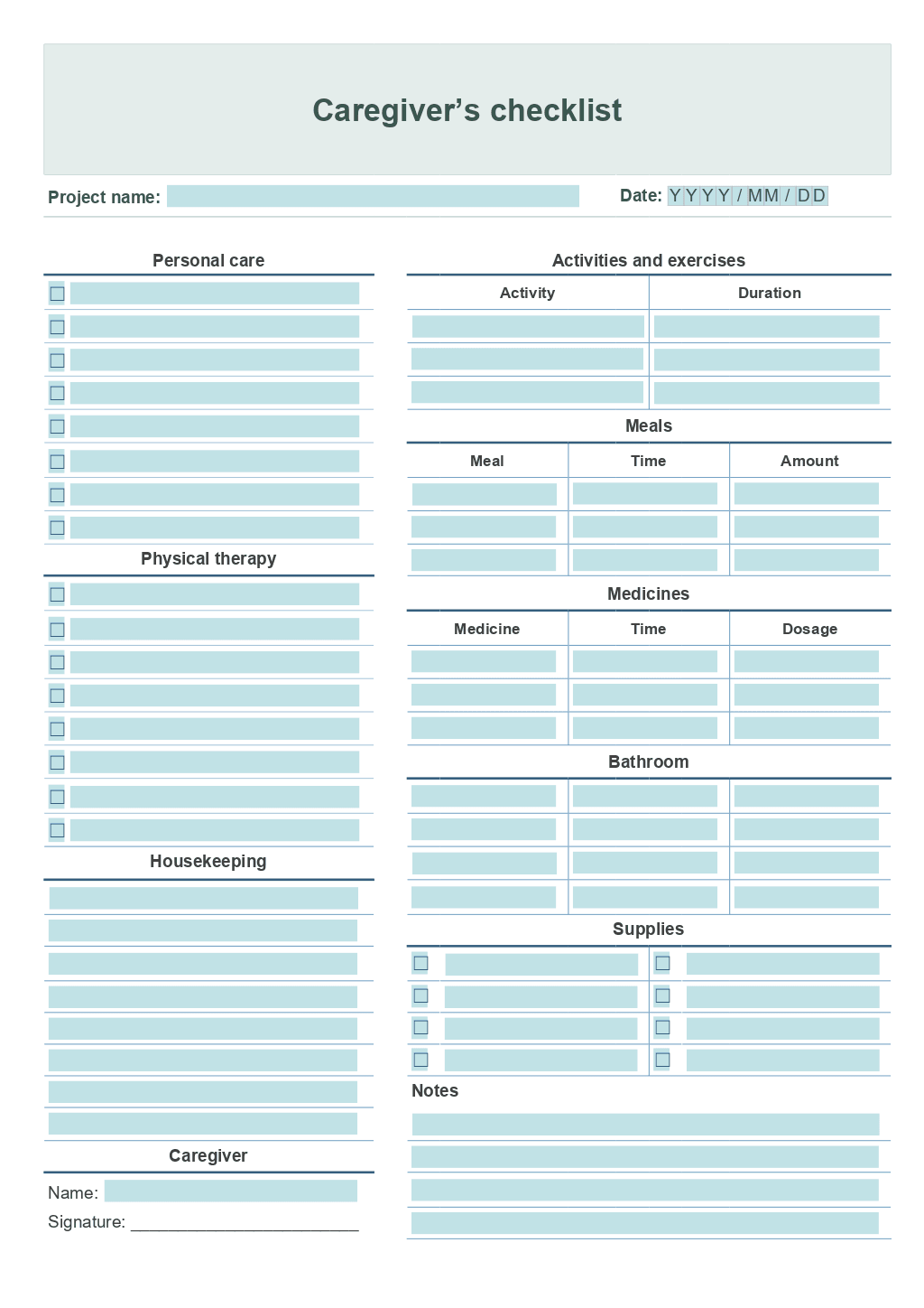 Free Printable Caregiver Daily Checklist Template