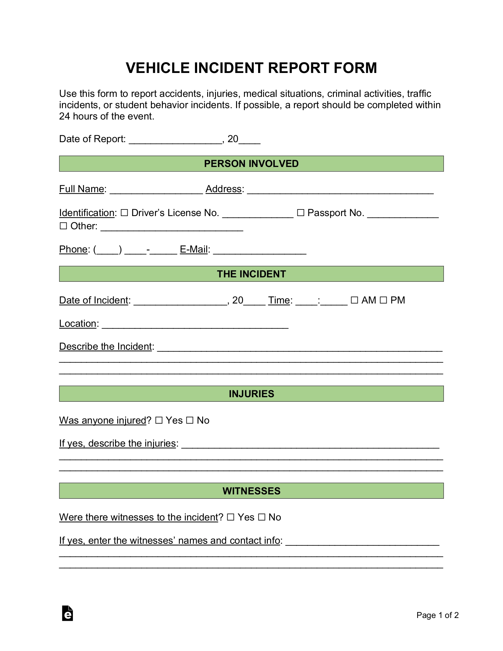Printable Vehicle Accident Report Form Template